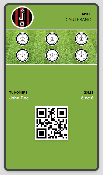 Carnet digital de Juanchonistas FC con nivel, goles y código QR